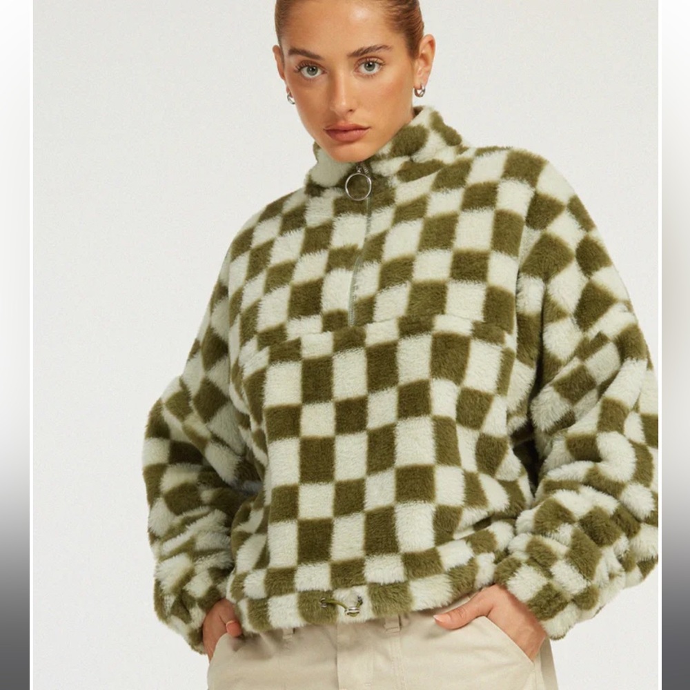 Motel Green And White Checkerboard Faux Fur Quarter Zip Pullover Nero Jacket